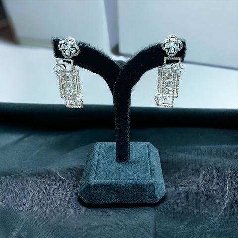 Silver Rectangle Flower Earrings With Screw Back