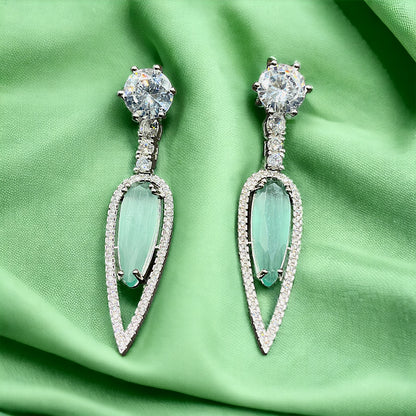 Silver Parrot Green Long Drop Solitaire Earrings