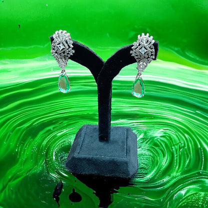 Silver Green Long Drop Earrings With Screw Back