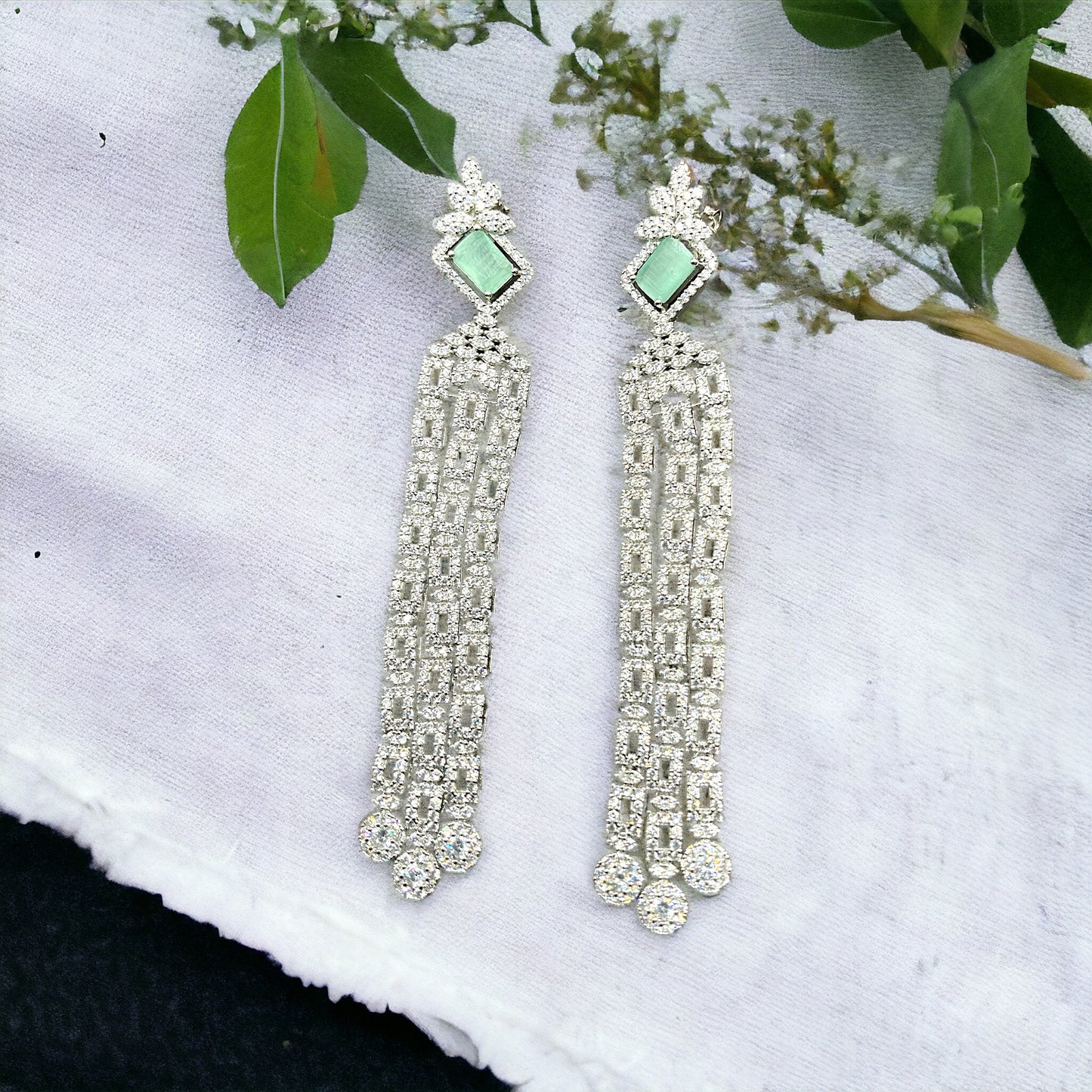 Silver Parrot Green Long Earrings With Screw Back