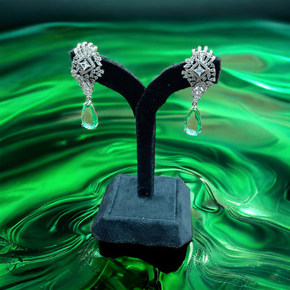 Silver Green Long Drop Earrings With Screw Back