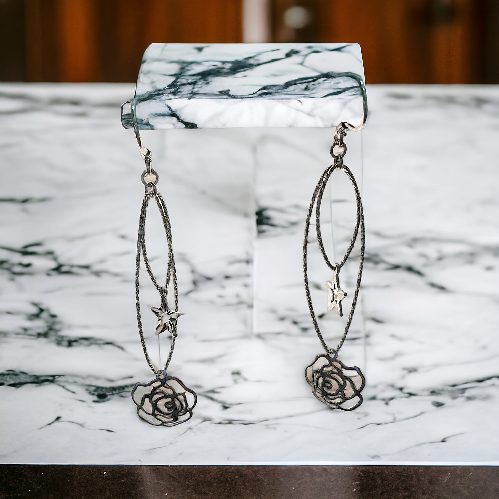 Silver Star Rose Long Drop Hoop Earrings