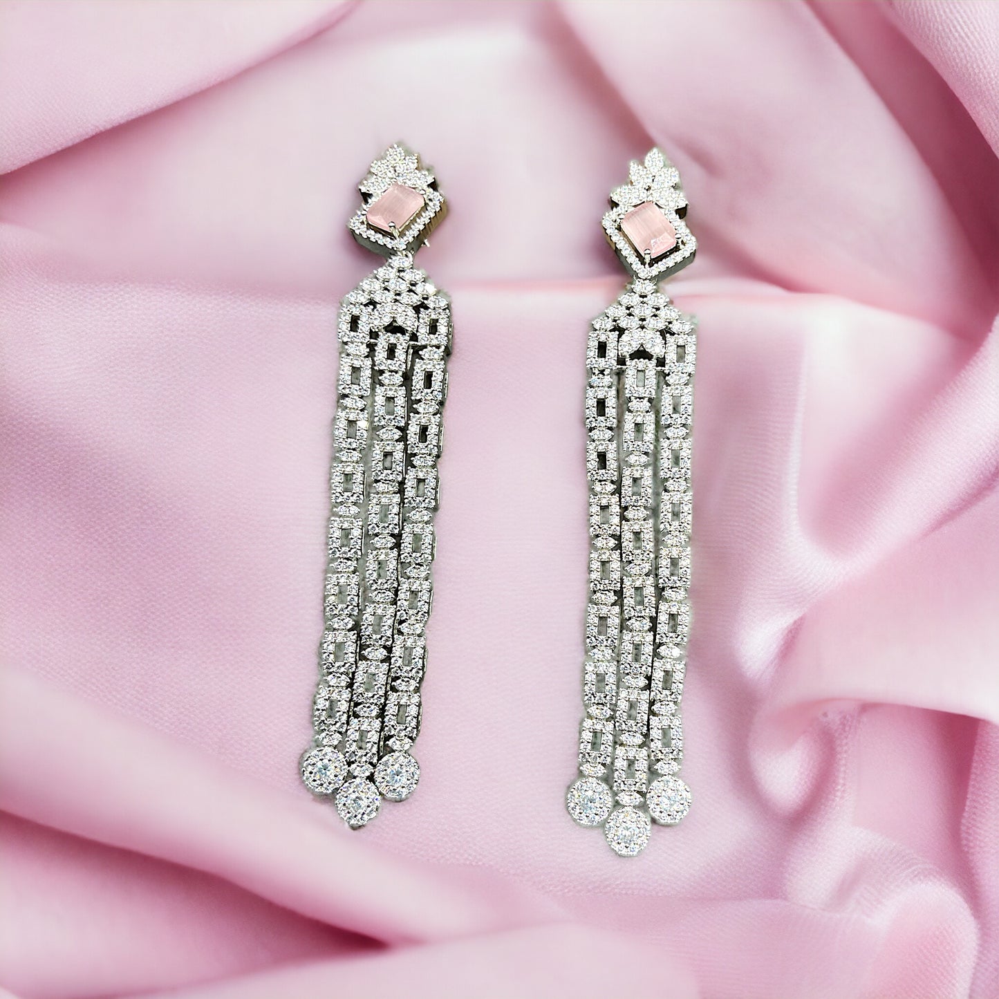 Silver Pink Square Diamond Earrings With Screw Back