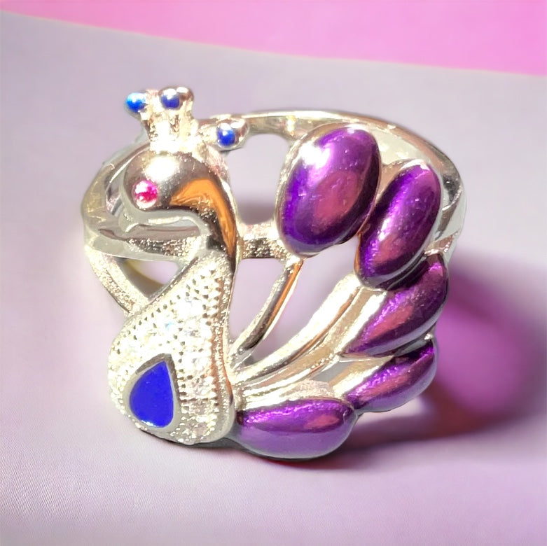 Sterling Silver Peacock Ring With Purple Gemstone