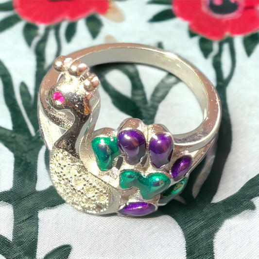 Sterling Silver Peacock Ring With Purple And Green Details