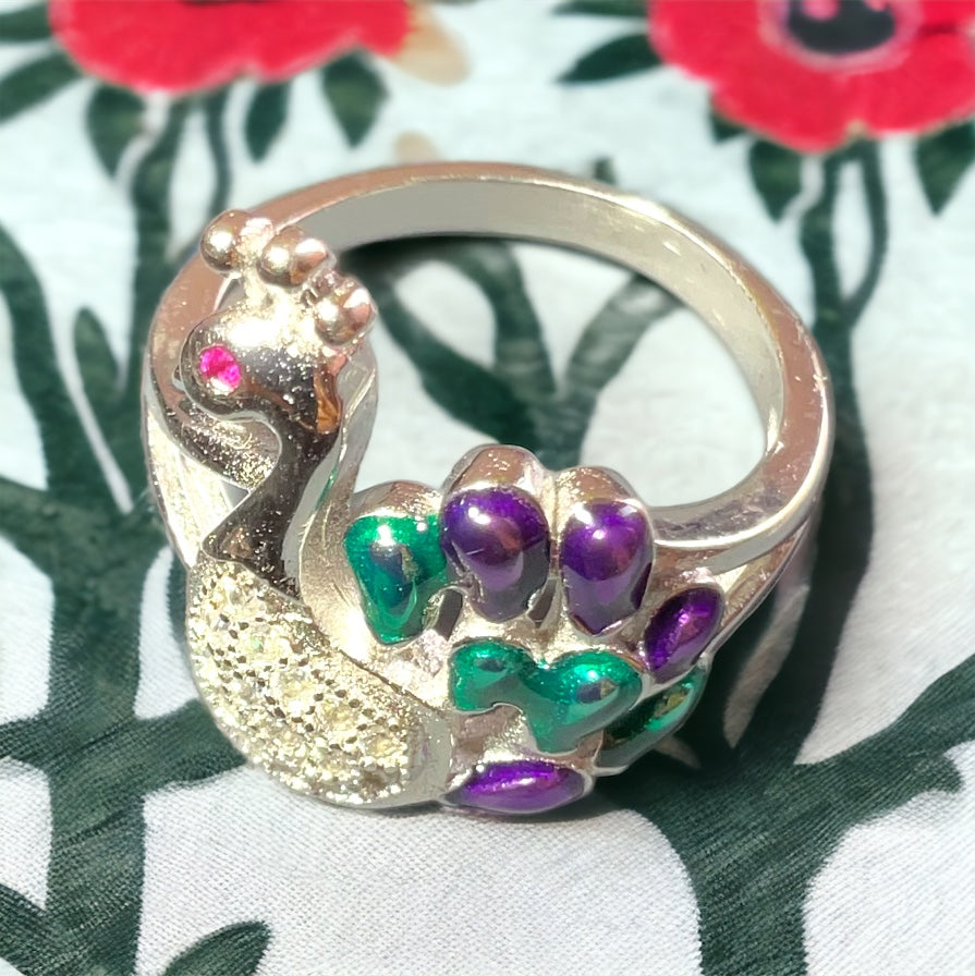 Sterling Silver Peacock Ring With Purple And Green Details