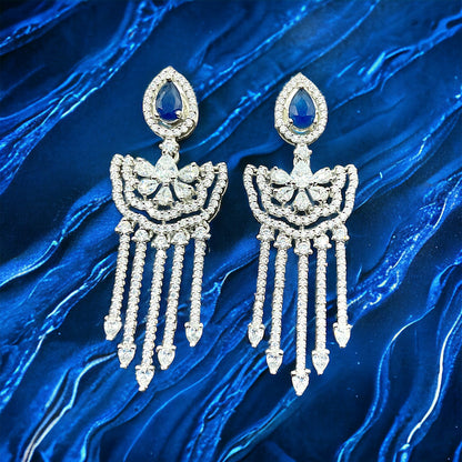 Silver Blue Diamond Long Earrings With Screw Back