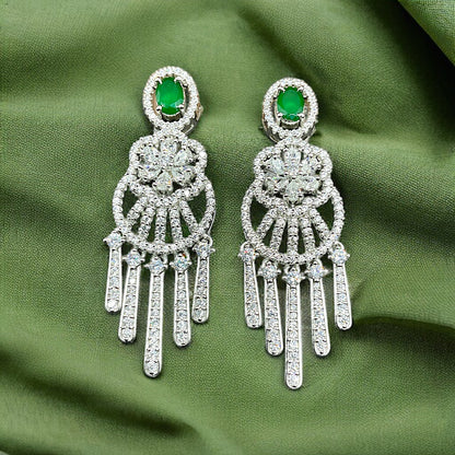 Silver Long Drop Green Zircon Earrings with Screw Backs