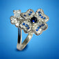 a diamond and sapphire flower ring on a blue background