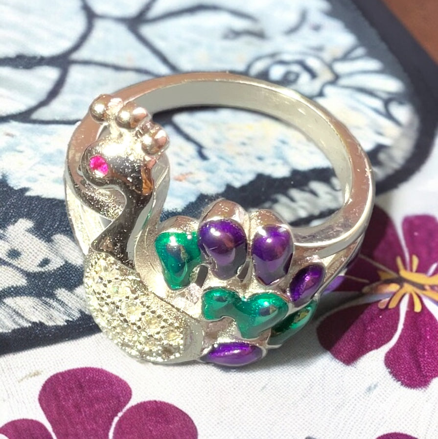 Sterling Silver Peacock Ring With Purple And Green Details