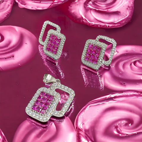 a pair of pink and white diamond earrings