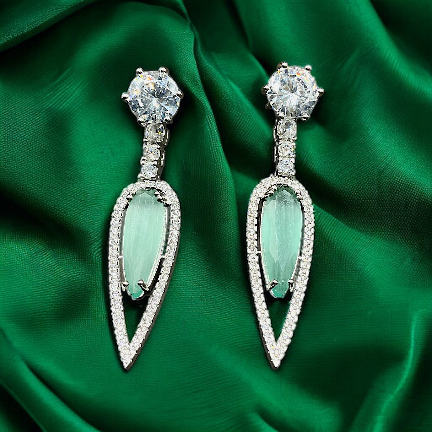 Silver Parrot Green Long Drop Solitaire Earrings
