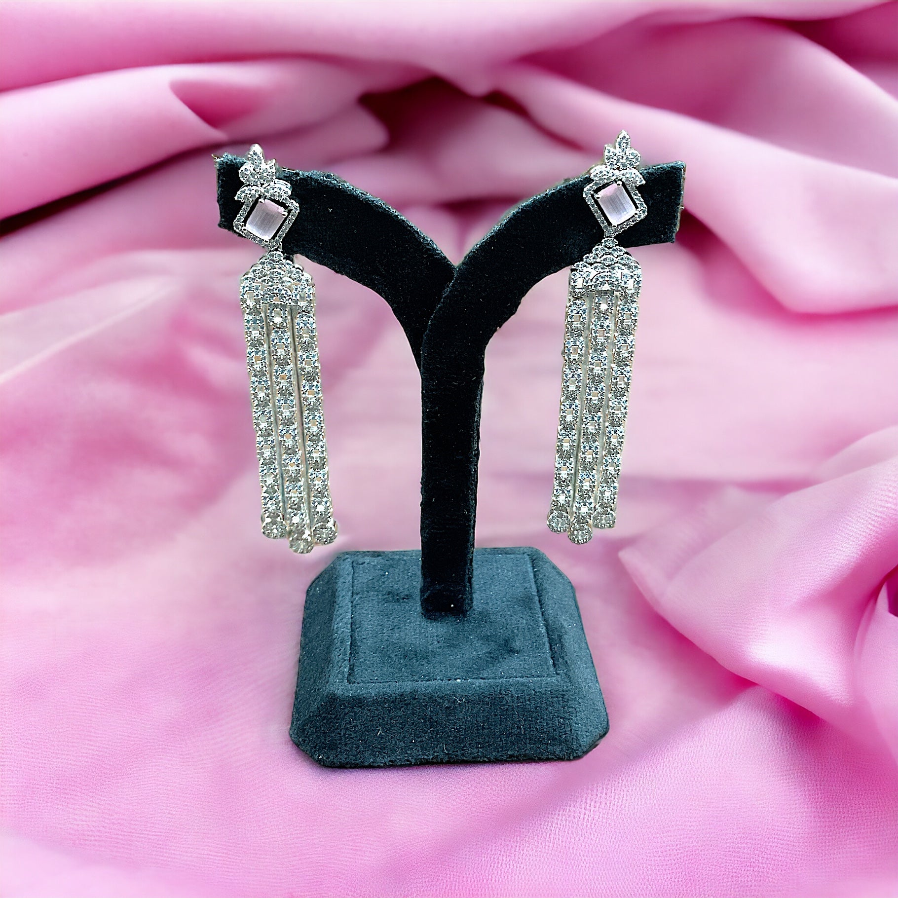 Silver Pink Square Diamond Earrings With Screw Back
