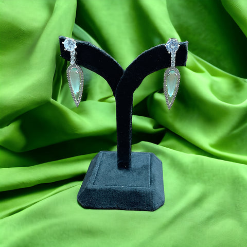 Silver Parrot Green Long Drop Solitaire Earrings