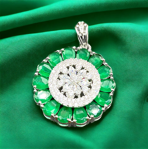 Silver Green Round Sparkler Diamond Earrings With Pendant