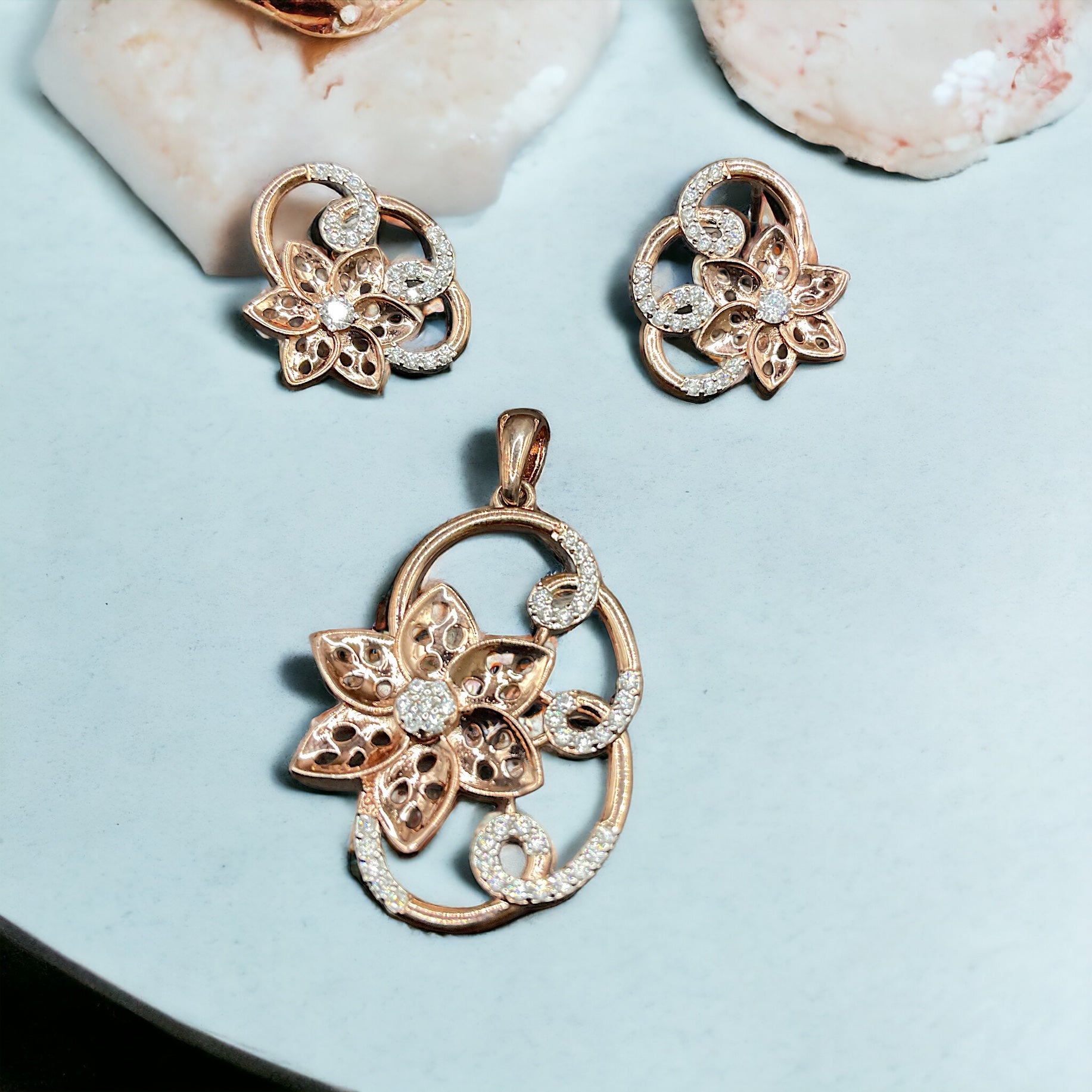 Silver Rose Gold Sparkler Diamond Earrings With Pendant