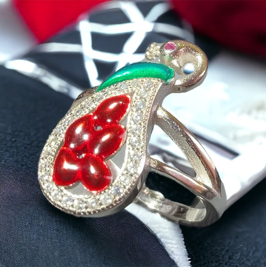 Sterling Silver Peacock Ring With Red And Green Crystals