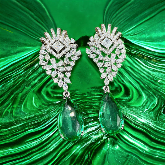 Silver Green Long Drop Earrings With Screw Back