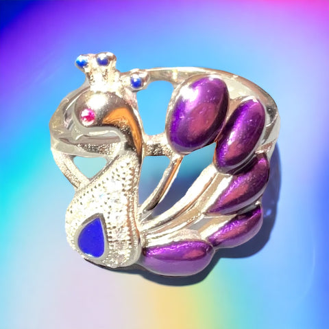 Sterling Silver Peacock Ring With Purple Gemstone