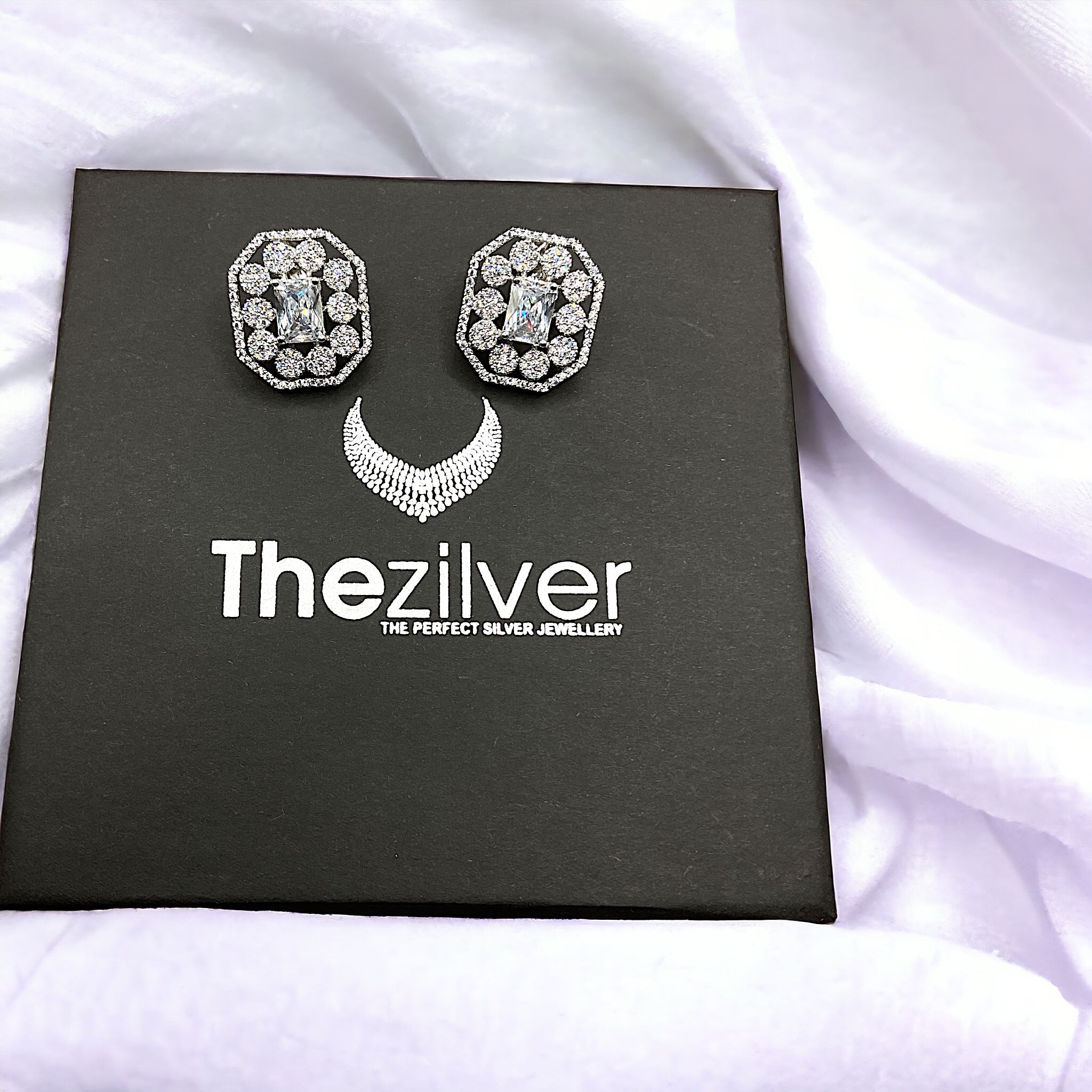 Silver Octa Shape Diamond Earrings With Screw Back