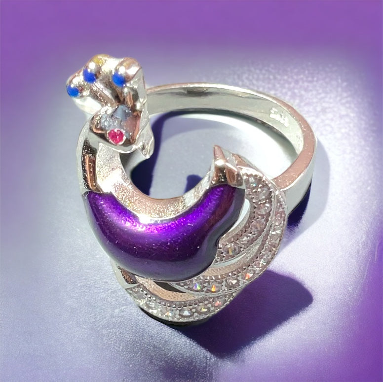 Sterling Silver Intricate Purple Peacock Ring