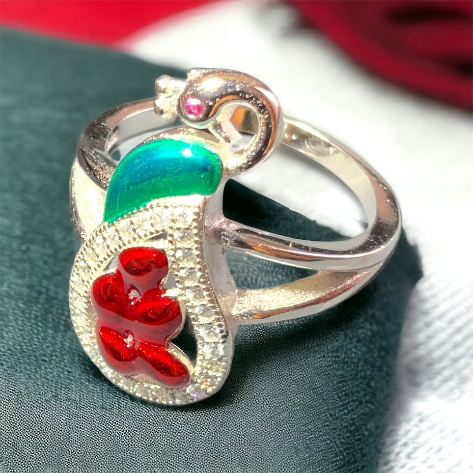 Sterling Silver Peacock Ring With Red And Green Crystals