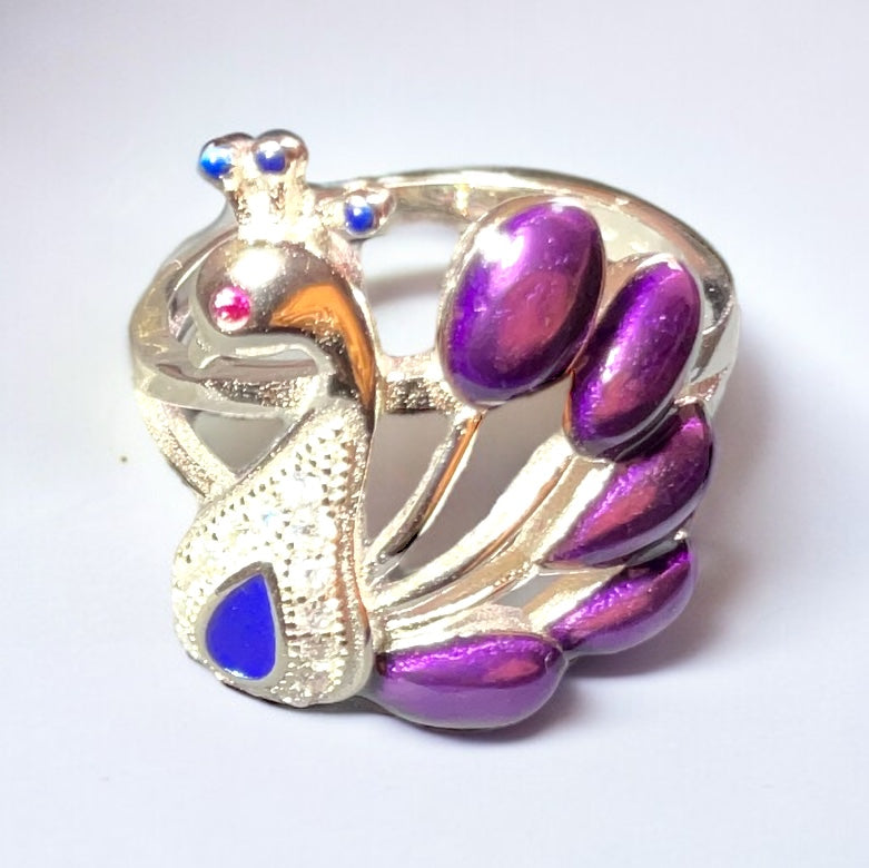 Sterling Silver Peacock Ring With Purple Gemstone