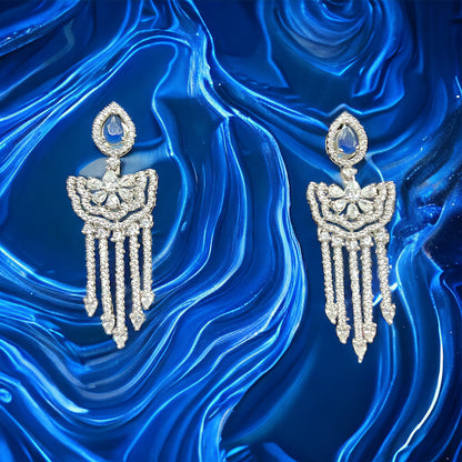 Silver Blue Diamond Long Earrings With Screw Back