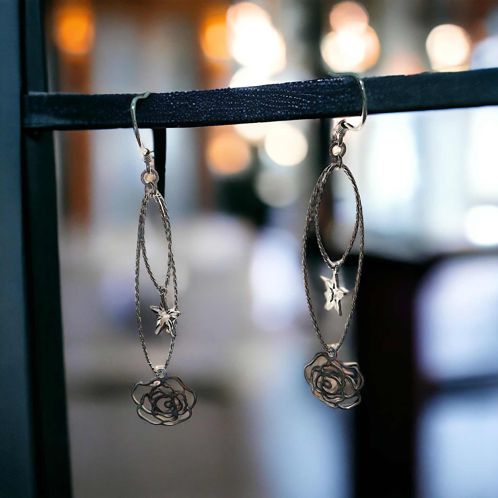 Silver Star Rose Long Drop Hoop Earrings