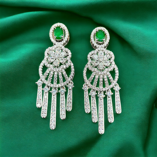 Silver Long Drop Green Zircon Earrings with Screw Backs