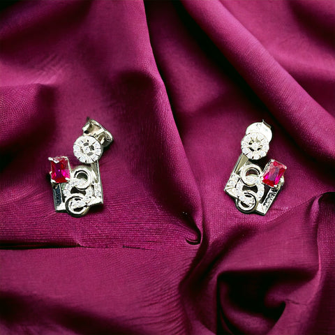 Silver Maroon Sparkler Diamond Earrings With Pendant