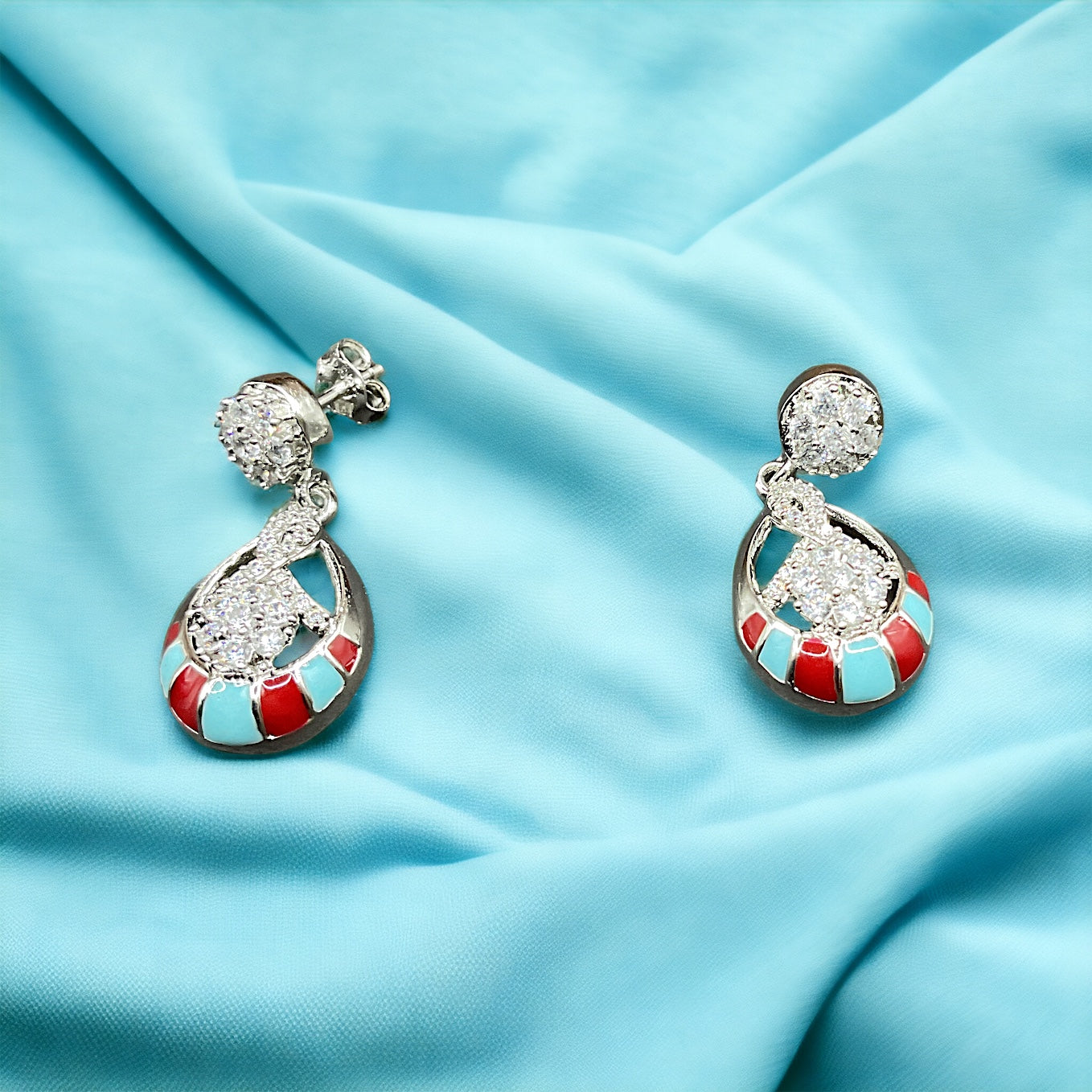 Silver Multi Color Drop Sparkler Earrings With Pendant
