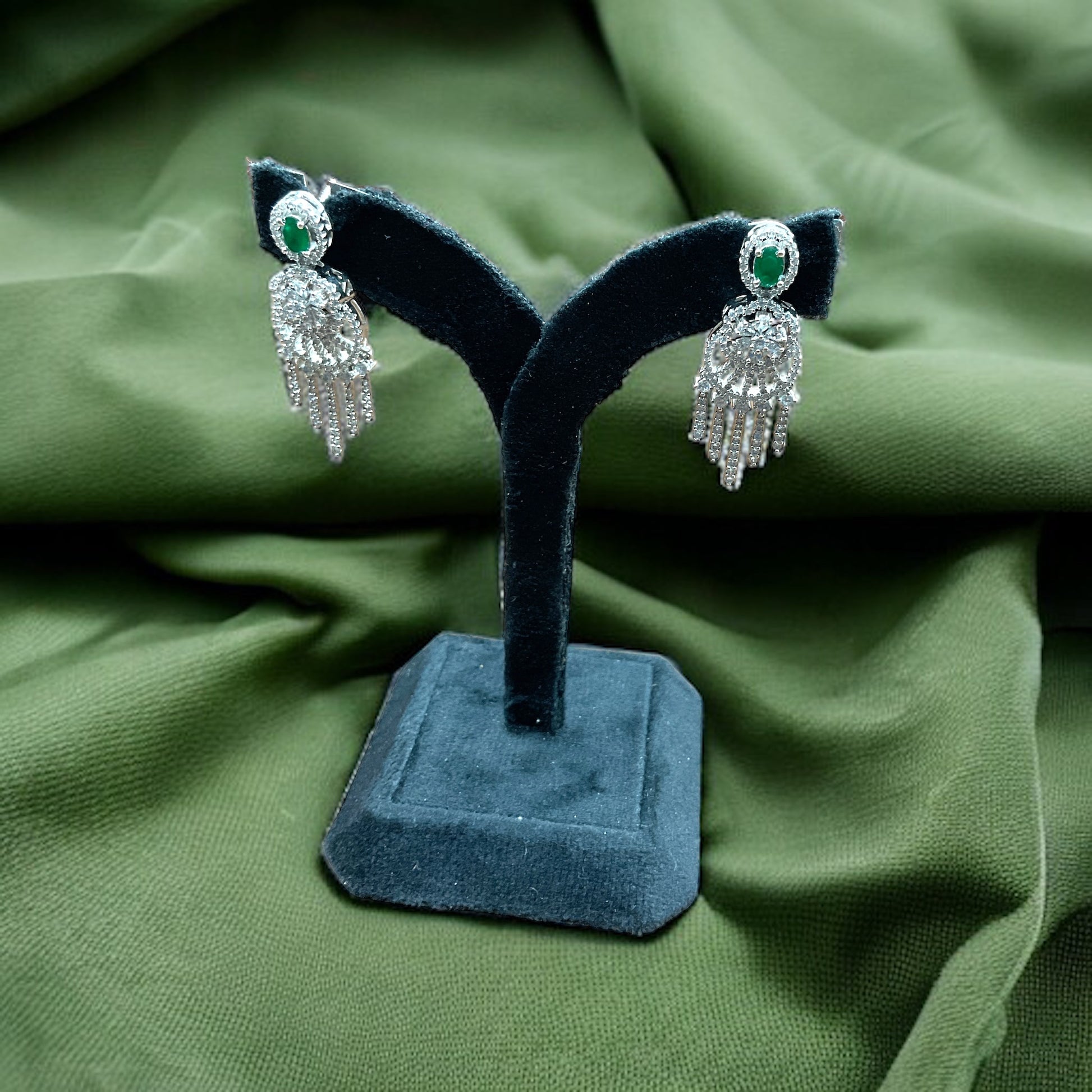 Silver Long Drop Green Zircon Earrings with Screw Backs