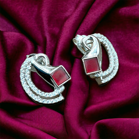 silver Maroon Sparkler Diamond Earrings With Pendant