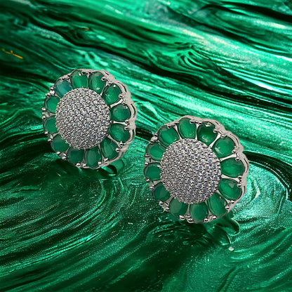 Silver Green Stone Long Earrings With Screw Back