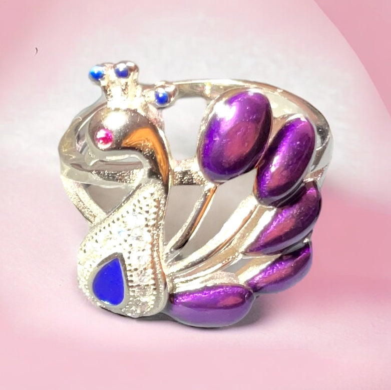 Sterling Silver Peacock Ring With Purple Gemstone