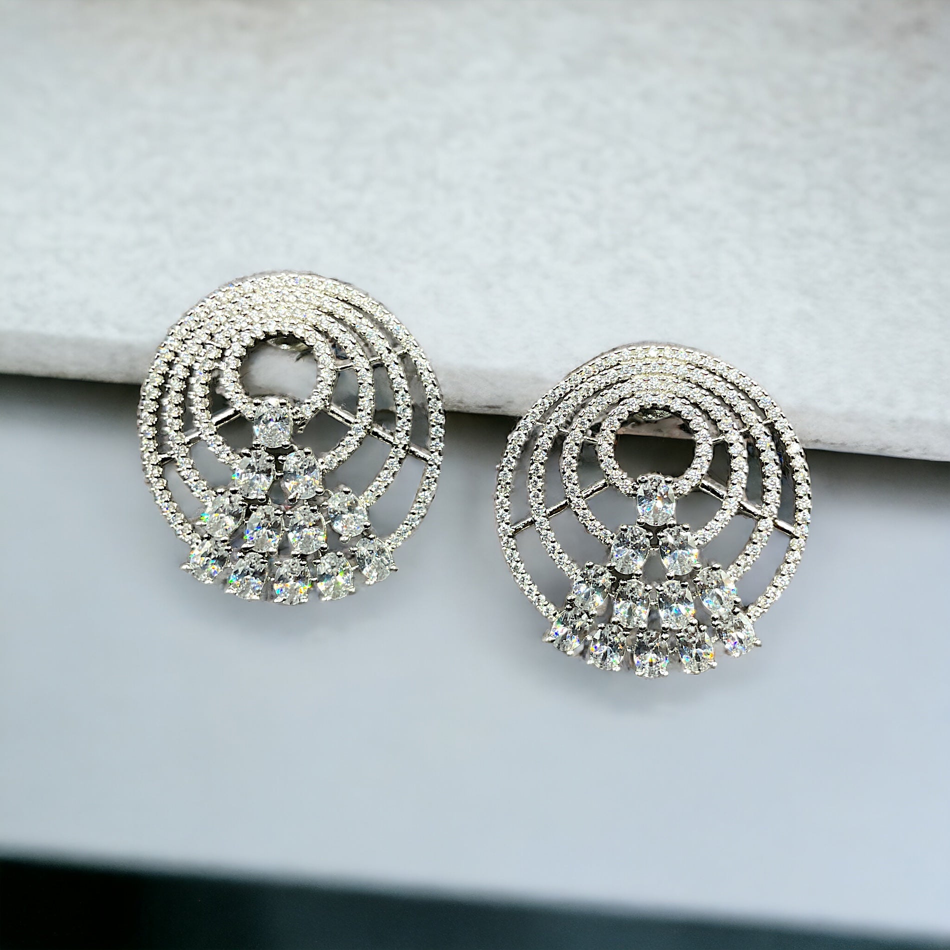 Silver Round Diamond Earrings with Screw Back