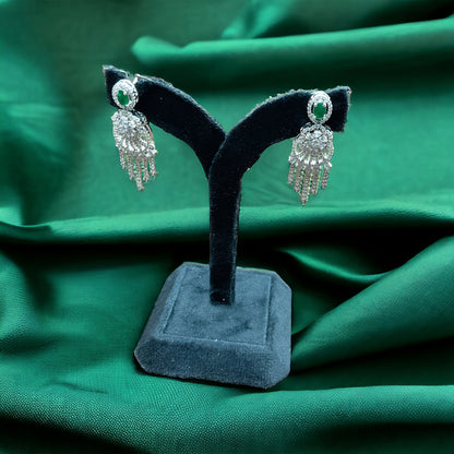 Silver Long Drop Green Zircon Earrings with Screw Backs