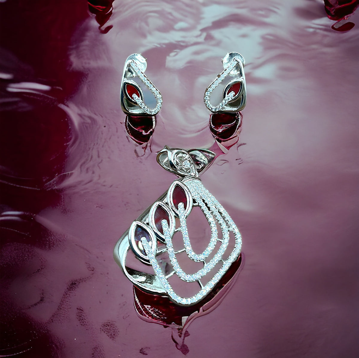 Silver Maroon Sparkler Diamond Earrings With Pendant
