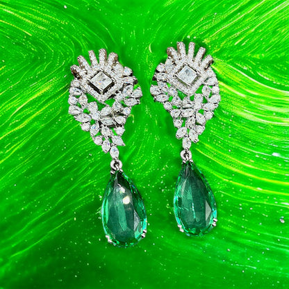 Silver Green Long Drop Earrings With Screw Back