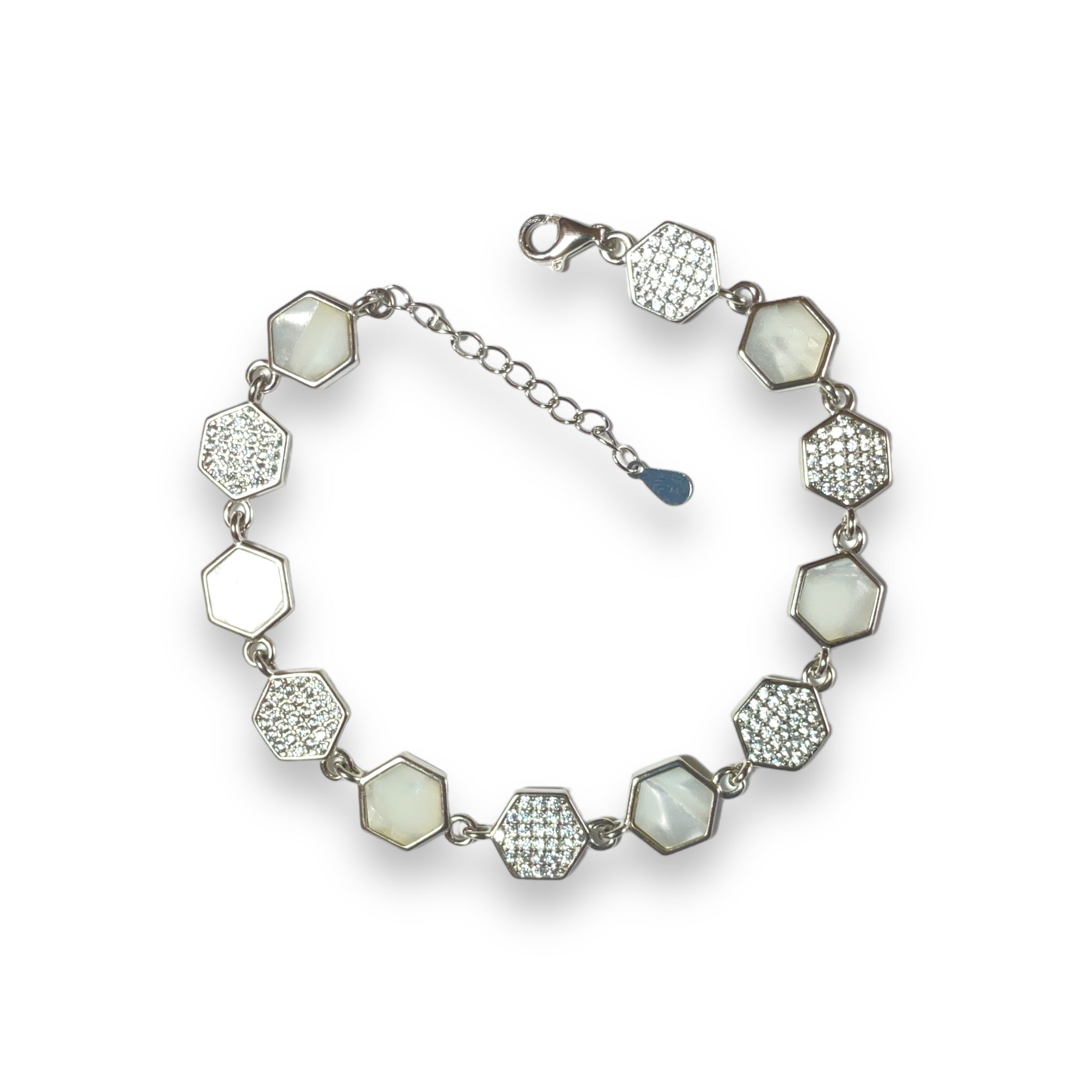 a silver bracelet with white stones and diamonds