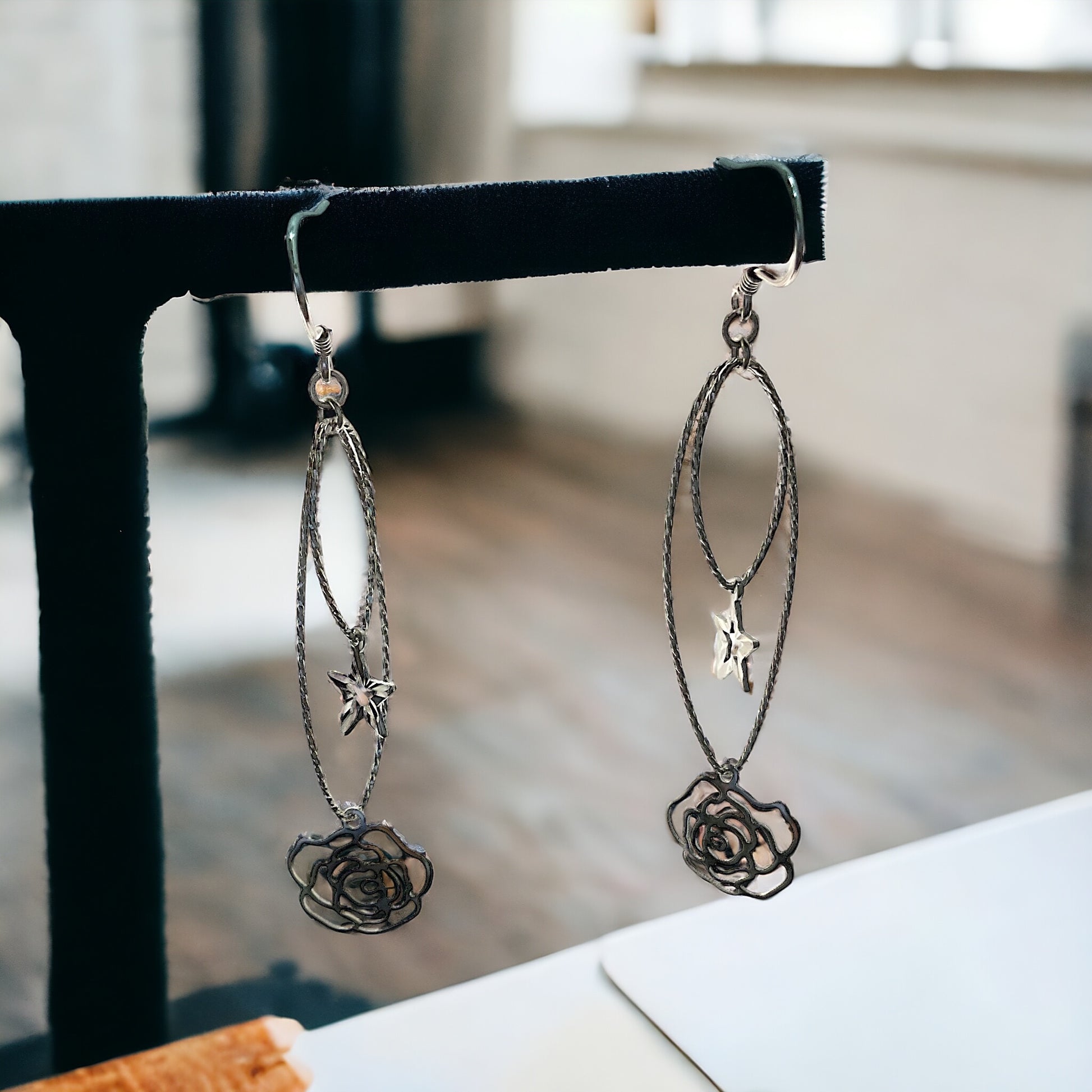 Silver Star Rose Long Drop Hoop Earrings